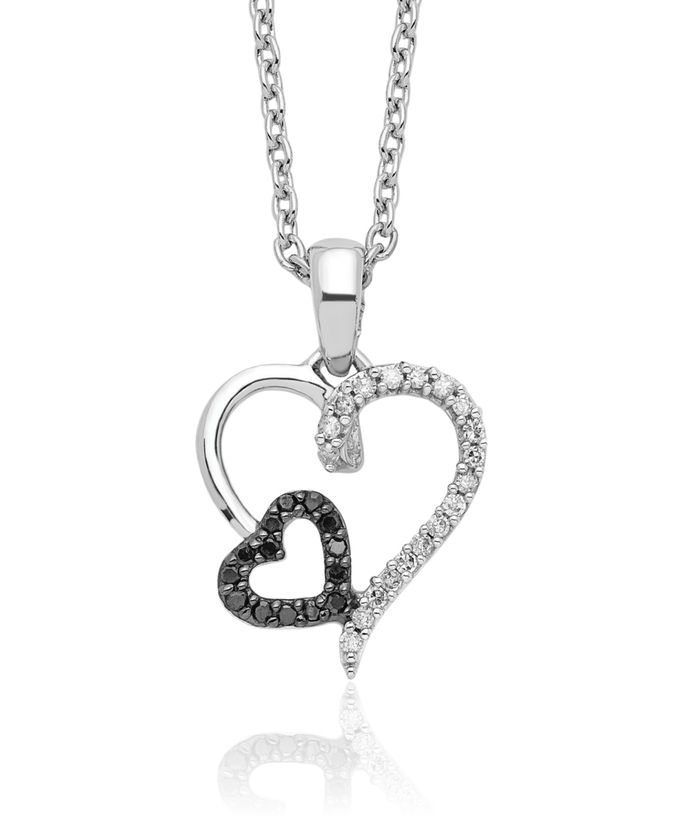 925 Sterling Silver Black White Diamond Double Heart Necklace Love Pendant Friendship Charm Chain