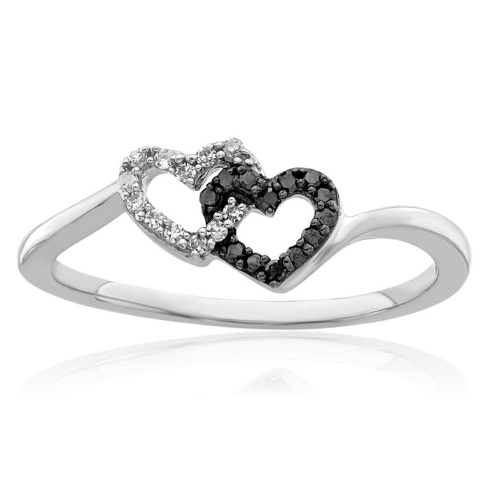 925 Sterling Silver Black White Diamond Double Heart Ring Love Band