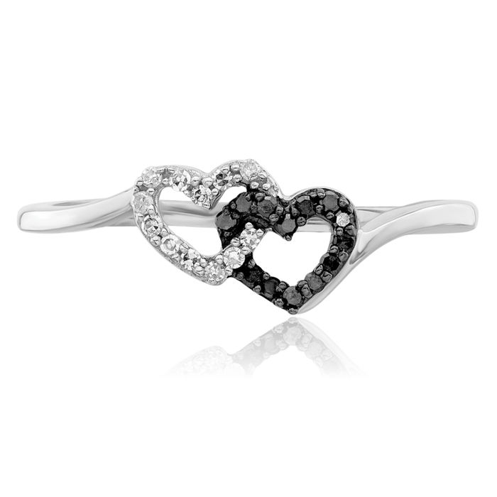 925 Sterling Silver Black White Diamond Double Heart Ring Love Band