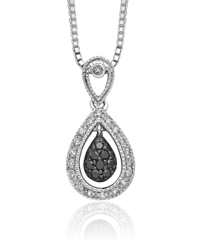 925 Sterling Silver Black White Diamond Double Teardrop Necklace Chain