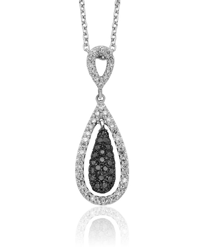 925 Sterling Silver Black White Diamond Double Teardrop Necklace Chain