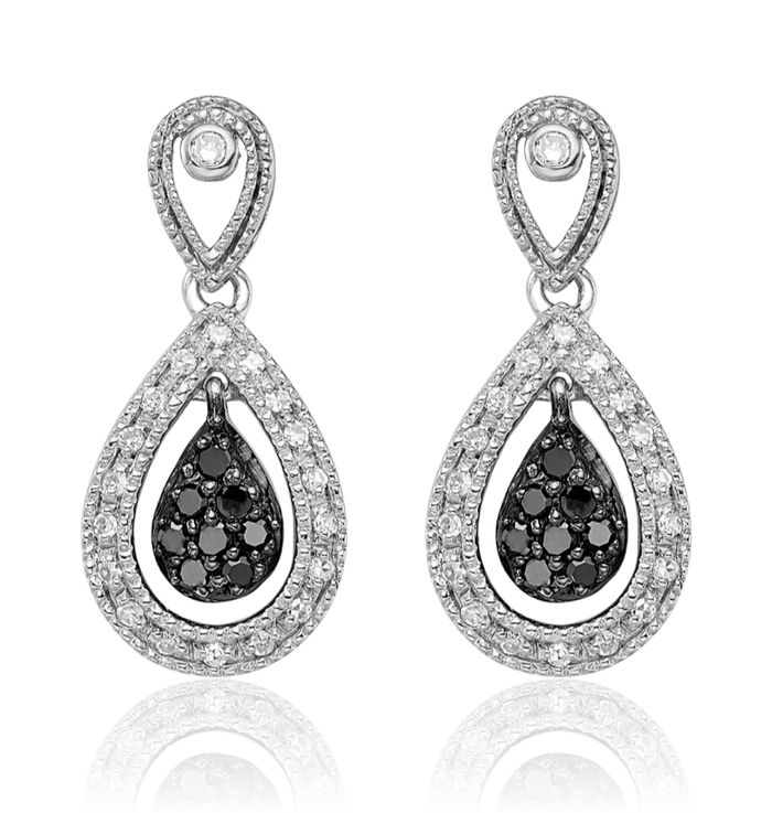 925 Sterling Silver Black White Diamond Double Teardrop Drop Dangle Earrings