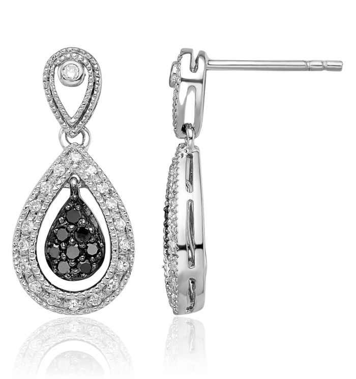 925 Sterling Silver Black White Diamond Double Teardrop Drop Dangle Earrings