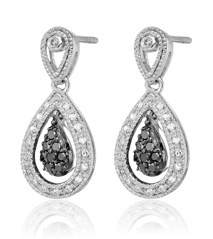 925 Sterling Silver Black White Diamond Double Teardrop Drop Dangle Earrings