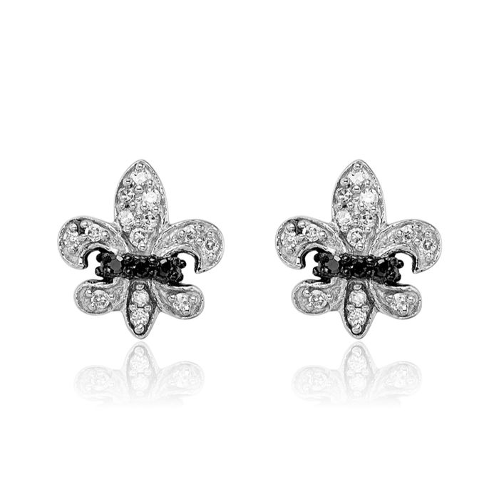 925 Sterling Silver Black White Diamond French Fleur De Lis Lily Flower Stud Earrings