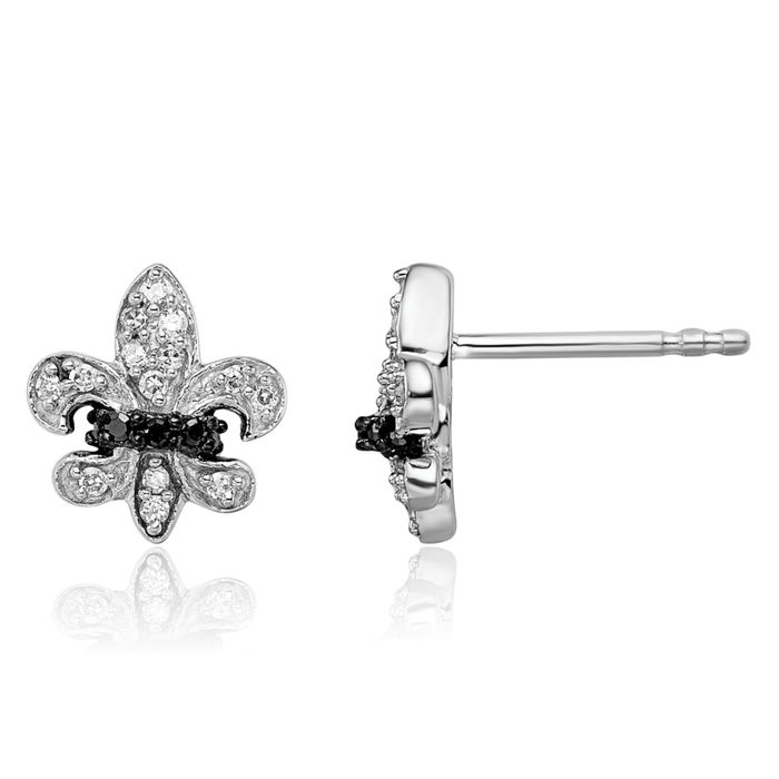 925 Sterling Silver Black White Diamond French Fleur De Lis Lily Flower Stud Earrings