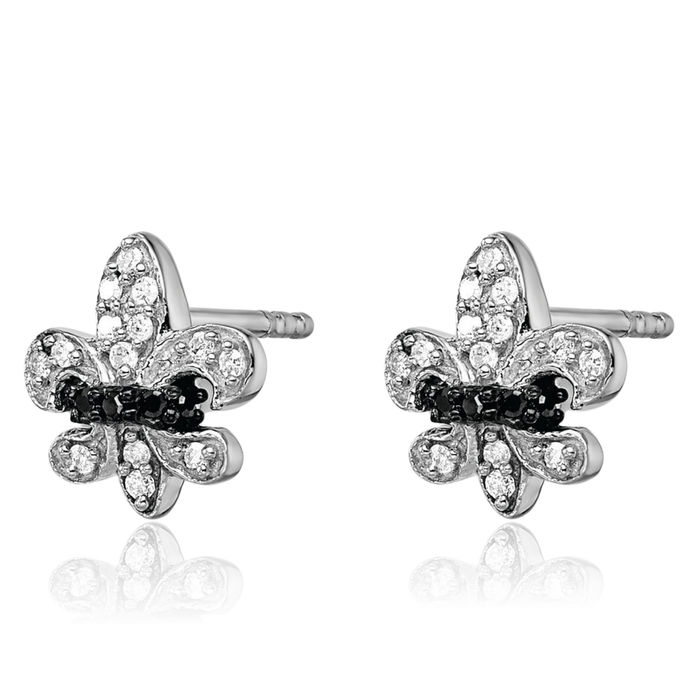 925 Sterling Silver Black White Diamond French Fleur De Lis Lily Flower Stud Earrings