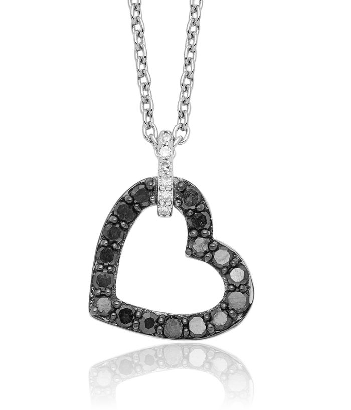 925 Sterling Silver Black White Diamond Heart Chain Necklace