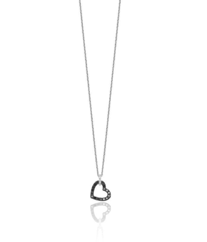 925 Sterling Silver Black White Diamond Heart Chain Necklace