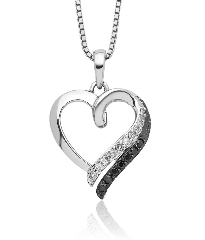 925 Sterling Silver Black White Diamond Heart Chain Necklace