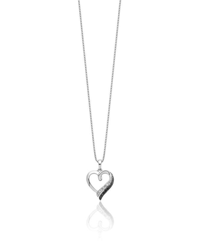 925 Sterling Silver Black White Diamond Heart Chain Necklace