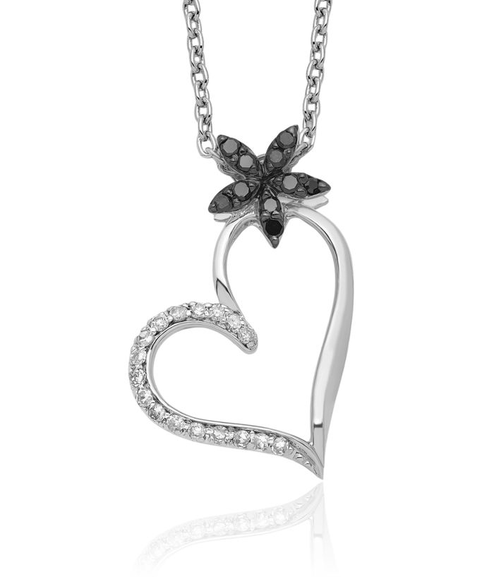 925 Sterling Silver Black White Diamond Heart Flower Necklace Chain