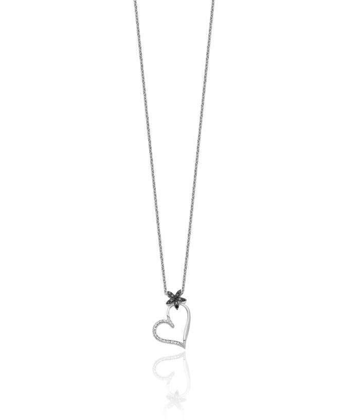 925 Sterling Silver Black White Diamond Heart Flower Necklace Chain