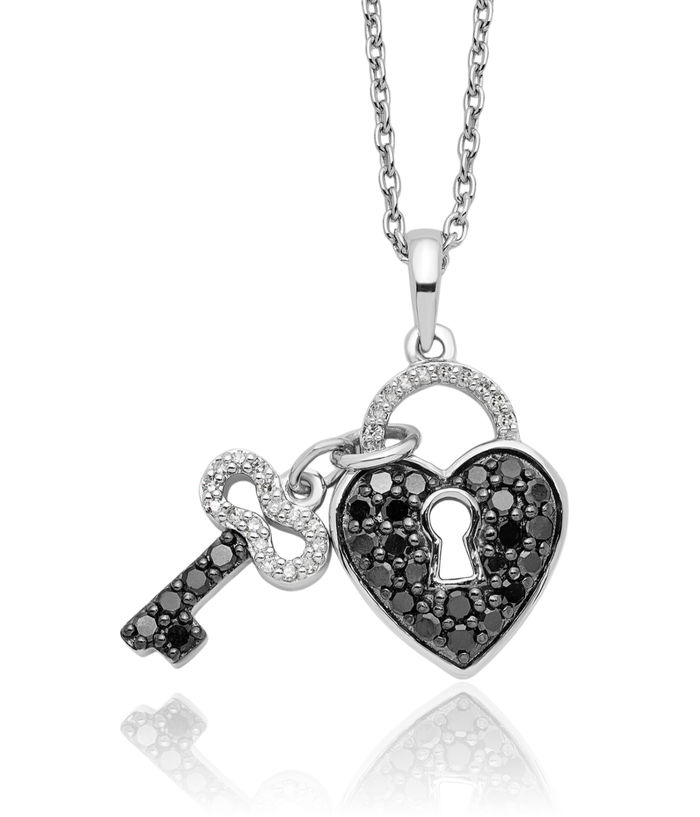 925 Sterling Silver Black White Diamond Heart Key Necklace Chain