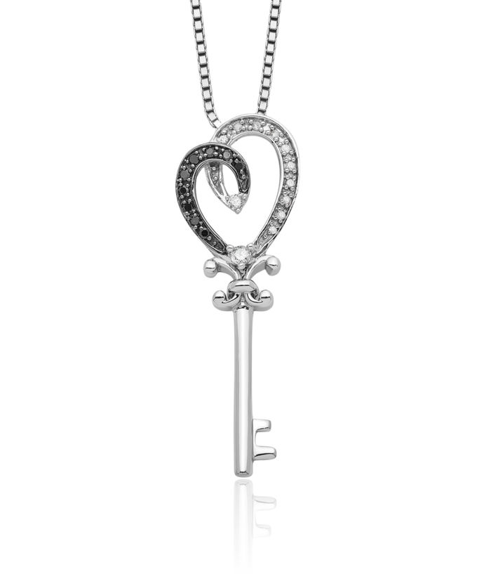 925 Sterling Silver Black White Diamond Heart Key Necklace Chain