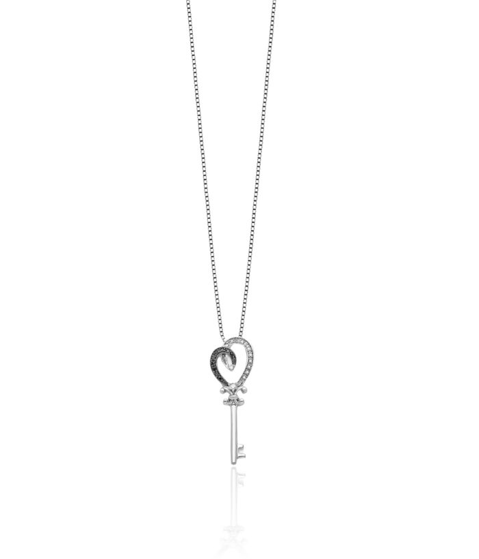 925 Sterling Silver Black White Diamond Heart Key Necklace Chain