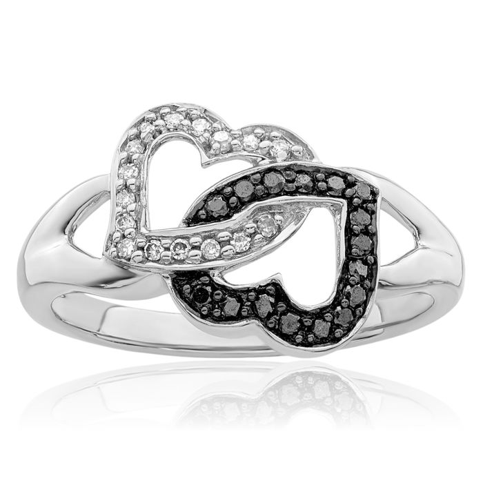 925 Sterling Silver Black White Diamond Heart Ring Love Band