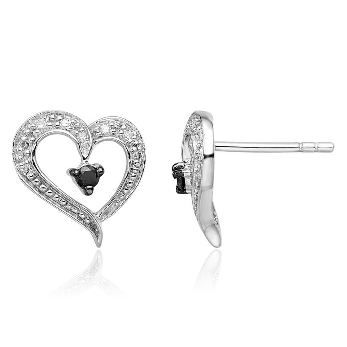 925 Sterling Silver Black White Diamond Heart Stud Earrings