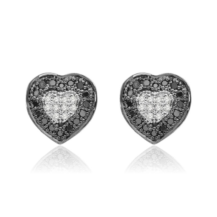 925 Sterling Silver Black White Diamond Heart Stud Earrings