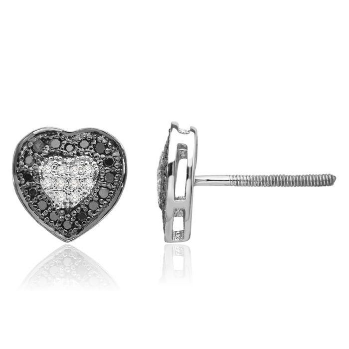 925 Sterling Silver Black White Diamond Heart Stud Earrings