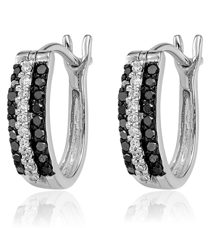 925 Sterling Silver Black White Diamond Post Huggie Small Hoop Earrings