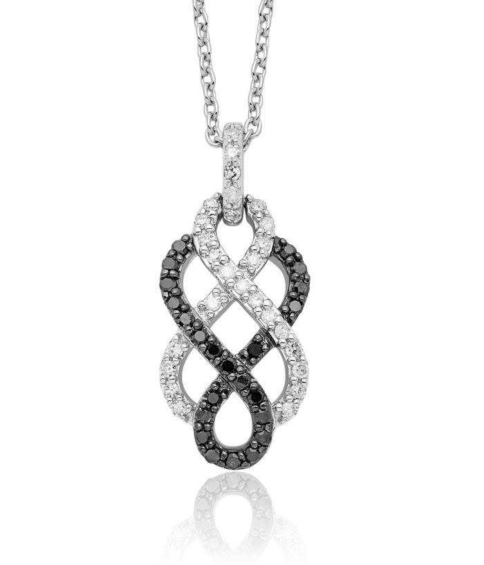 925 Sterling Silver Black White Diamond Infinity Twisted Love Knot Symbol Necklace Chain