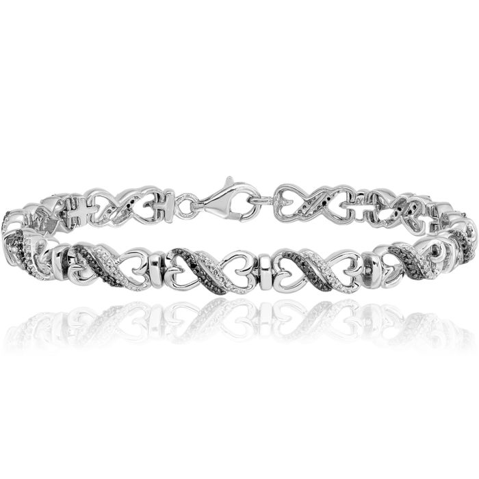 925 Sterling Silver Black White Diamond Infinity Twisted Love Knot Symbol Heart Chain Tennis Charm Bracelet