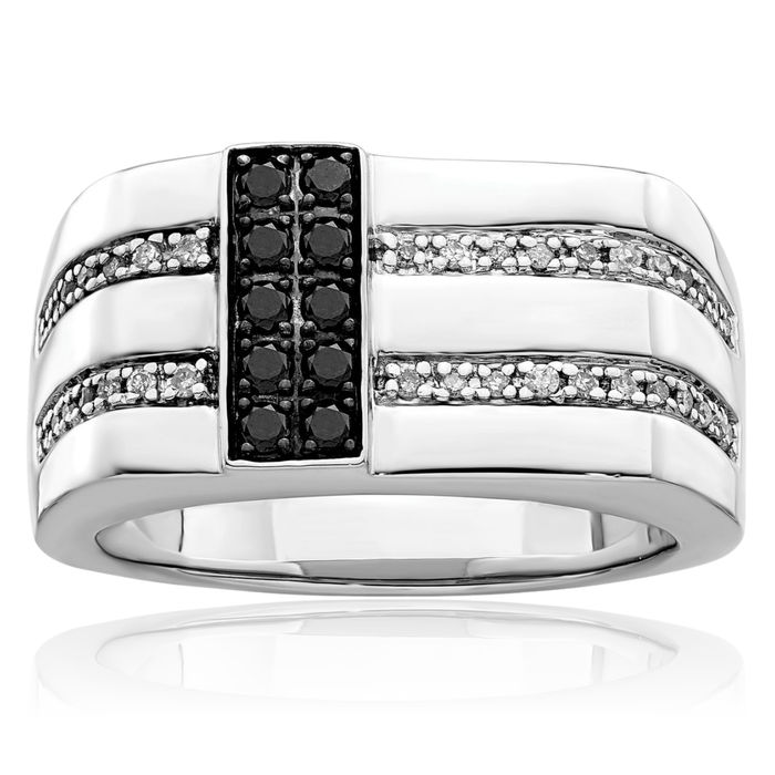 925 Sterling Silver Black White Diamond Mens Ring