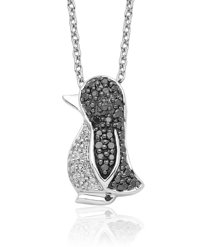 925 Sterling Silver Black White Diamond Penguin Antarctica Polar Bird Necklace Chain