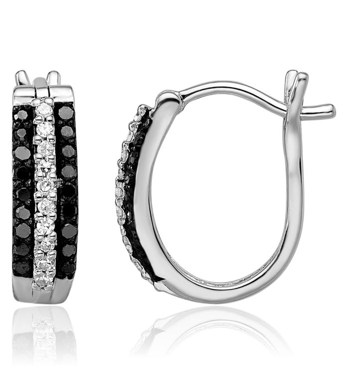 925 Sterling Silver Black White Diamond Post Huggie Small Hoop Earrings