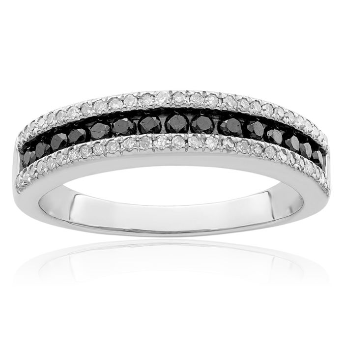 925 Sterling Silver Black White Diamond Ring