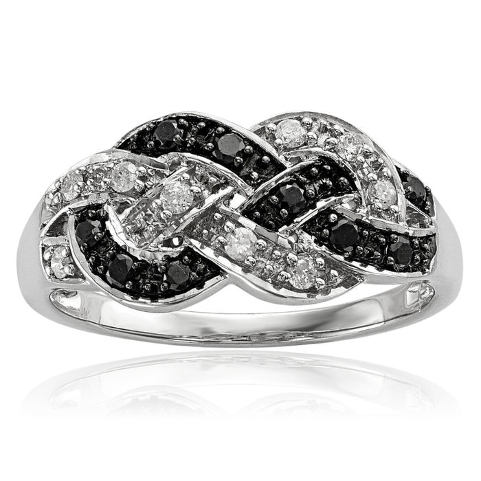 925 Sterling Silver Black White Diamond Ring