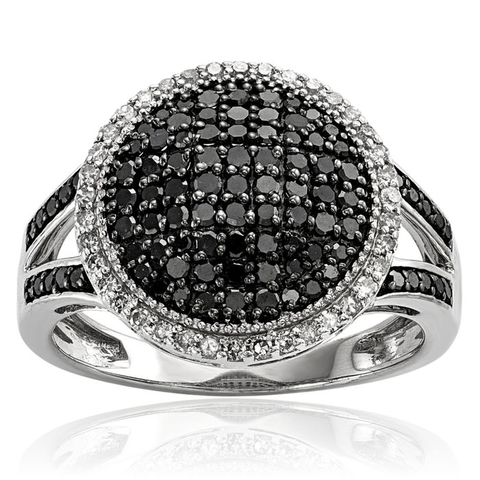 925 Sterling Silver Black White Diamond Round Ring