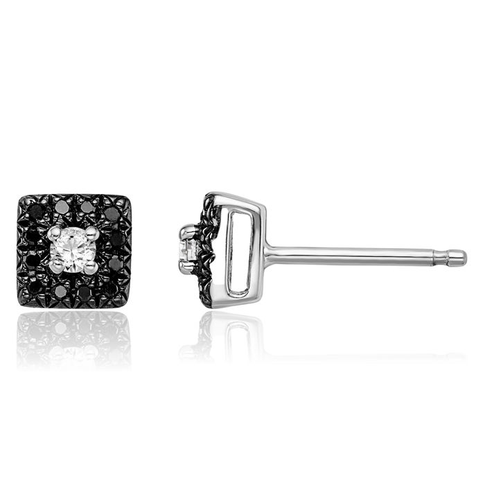 925 Sterling Silver Black White Diamond Square Stud Earrings