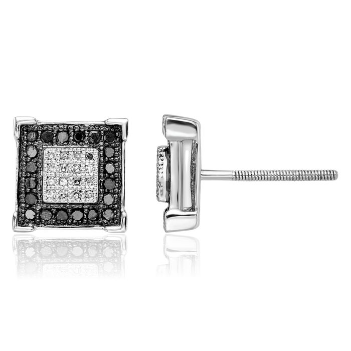 925 Sterling Silver Black White Diamond Square Stud Earrings