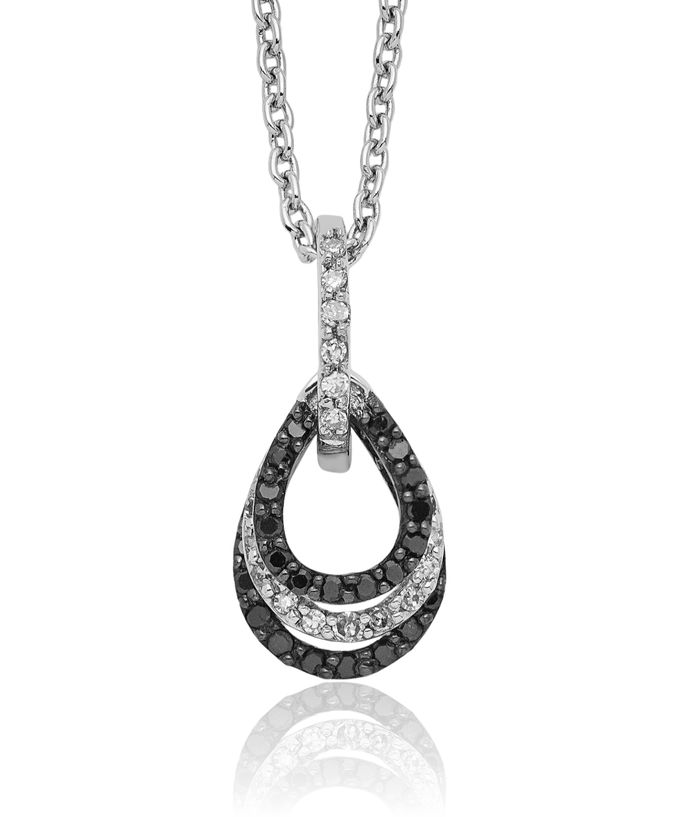 925 Sterling Silver Black White Diamond Teardrop Pendant Necklace