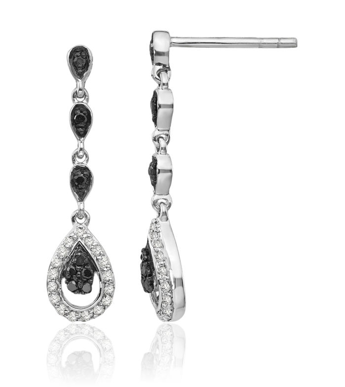 925 Sterling Silver Black White Diamond Teardrop Post Drop Dangle Earrings