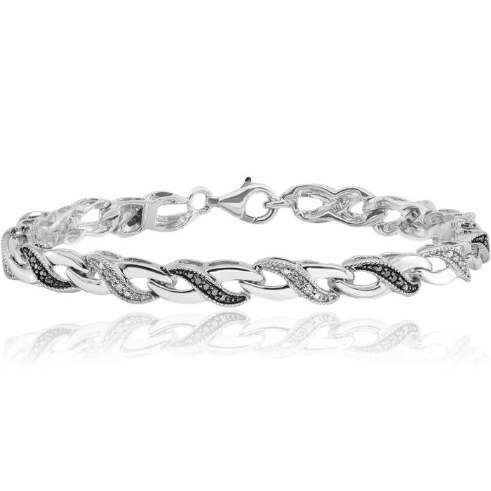 925 Sterling Silver Black White Diamond Tennis Bracelet