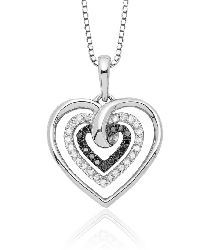 925 Sterling Silver Black White Diamond Triple Heart Necklace Love Pendant Friendship Charm Chain