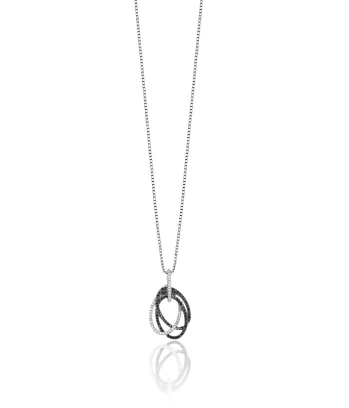 925 Sterling Silver Black White Diamond Triple Oval Geometric Necklace Chain