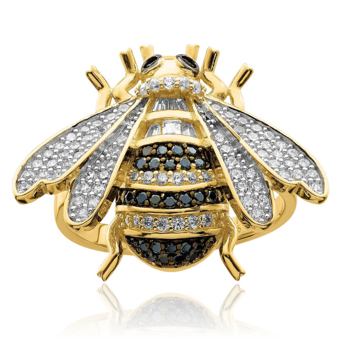 925 Sterling Silver Black White Gold Cubic Zirconia CZ Queen Bumble Bee Ring