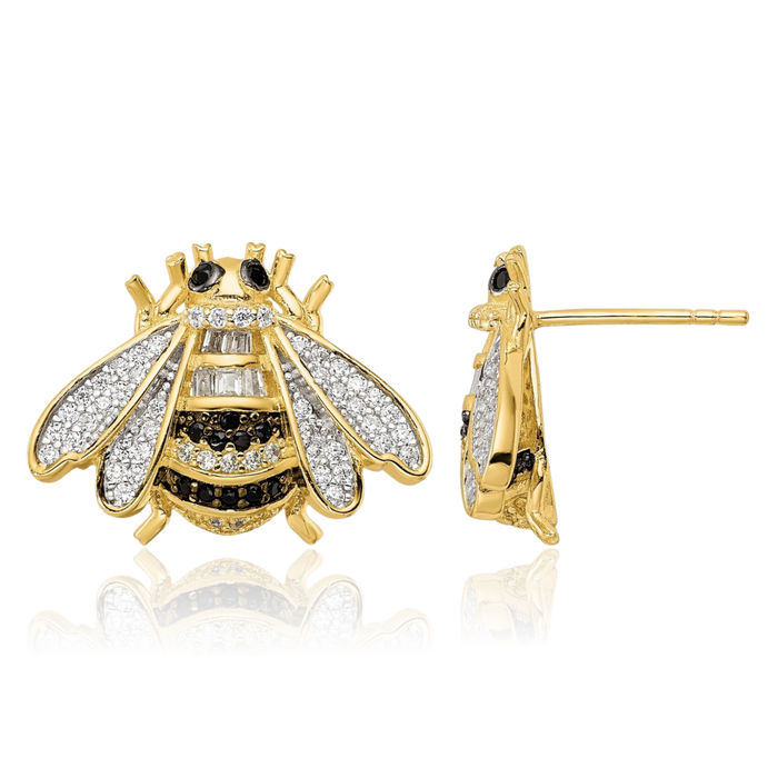 925 Sterling Silver Black White Gold Cubic Zirconia CZ Queen Bumble Bee Studs Honeybee Beekeeper Earrings