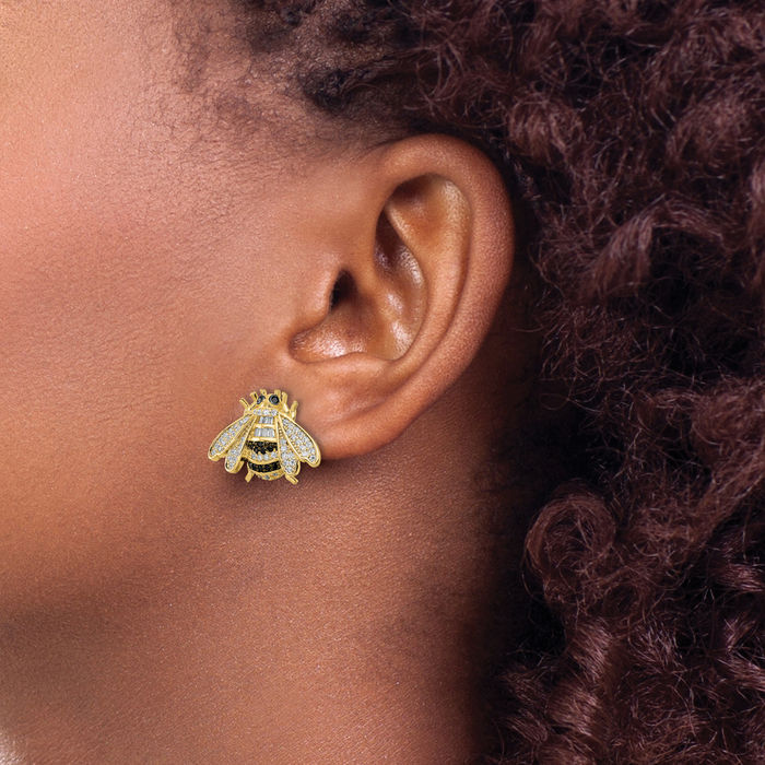 925 Sterling Silver Black White Gold Cubic Zirconia CZ Queen Bumble Bee Studs Honeybee Beekeeper Earrings