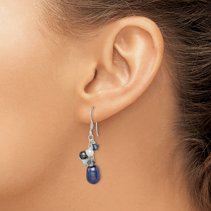925 Sterling Silver Blue Black Rhinestone Crystals White Freshwater Cultured Pearl Drop Dangle Earrings