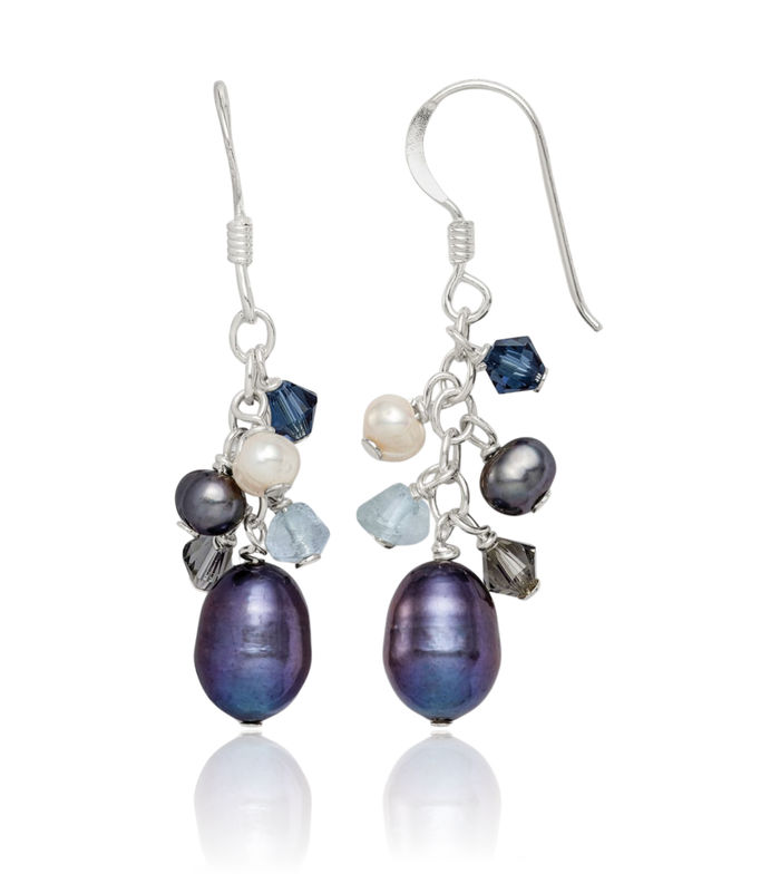 925 Sterling Silver Blue Black Rhinestone Crystals White Freshwater Cultured Pearl Drop Dangle Earrings