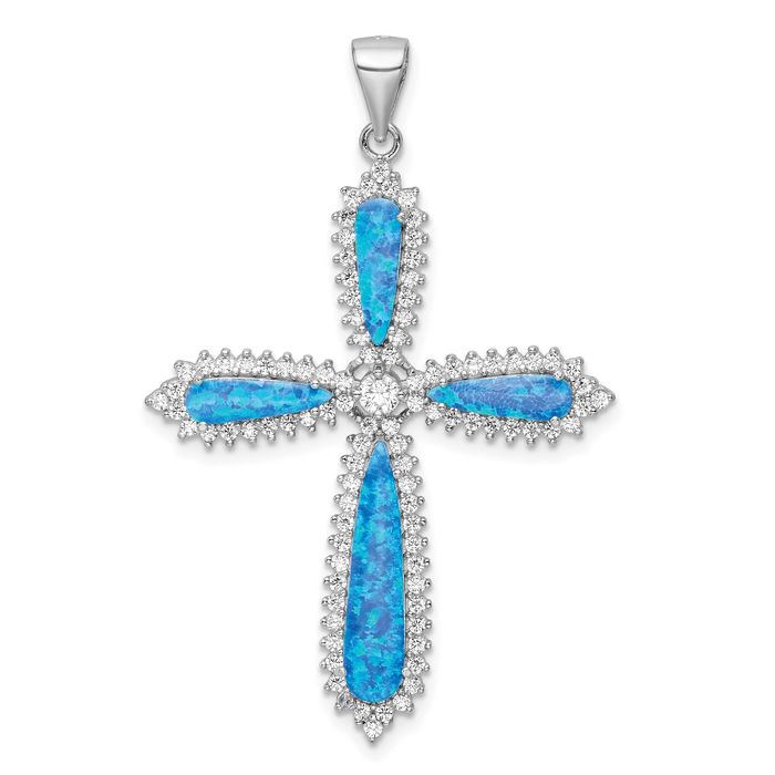 Sterling Silver White Created Opal Beaded Border Cross Pendant Sterling Silver White Created Opal Beaded Border Cross Pendant