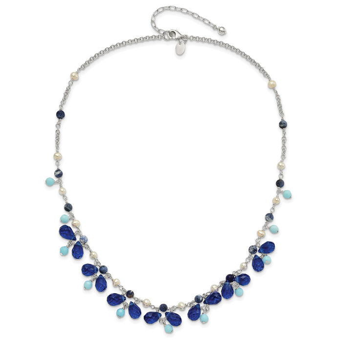 925 Sterling Silver Blue Rhinestone Crystals Lapis Lazuli Amazonite Freshwater Cultured Pearl Neck Chain Necklace