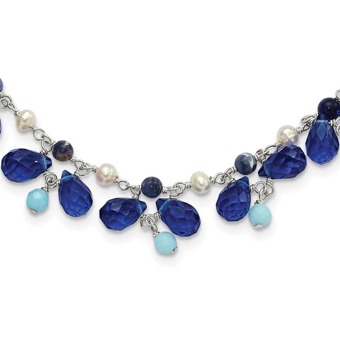 925 Sterling Silver Blue Rhinestone Crystals Lapis Lazuli Amazonite Freshwater Cultured Pearl Neck Chain Necklace