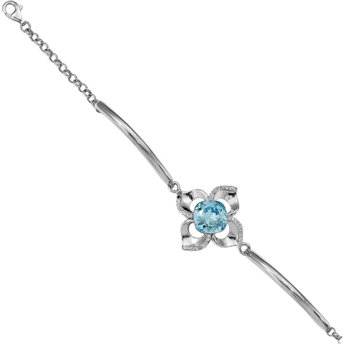 925 Sterling Silver Blue Rhinestone Crystals Flower Chain Charm Bracelet