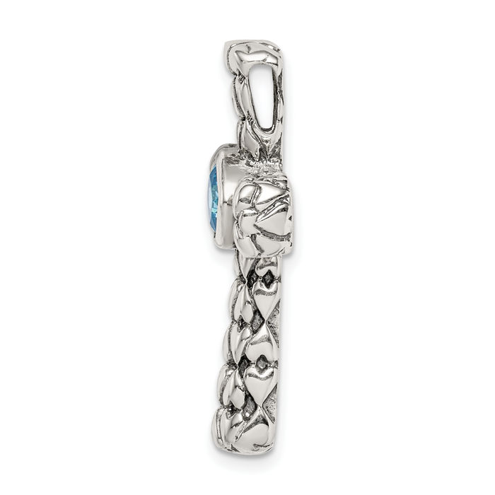 925 Sterling Silver Blue Cubic Zirconia CZ Holy Cross Floating Chain Slide Pendant Necklace Religious Jesus Christ Charm